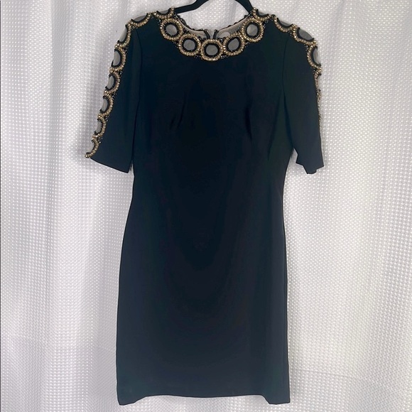 Jenny Packham Cocktail Dress Jeweled Neckline Short Sleeves Black Size 12 - Picture 1 of 9